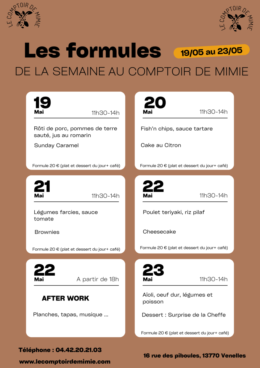 Les Formules du Midi au Comptoir de Mimie à Venelles