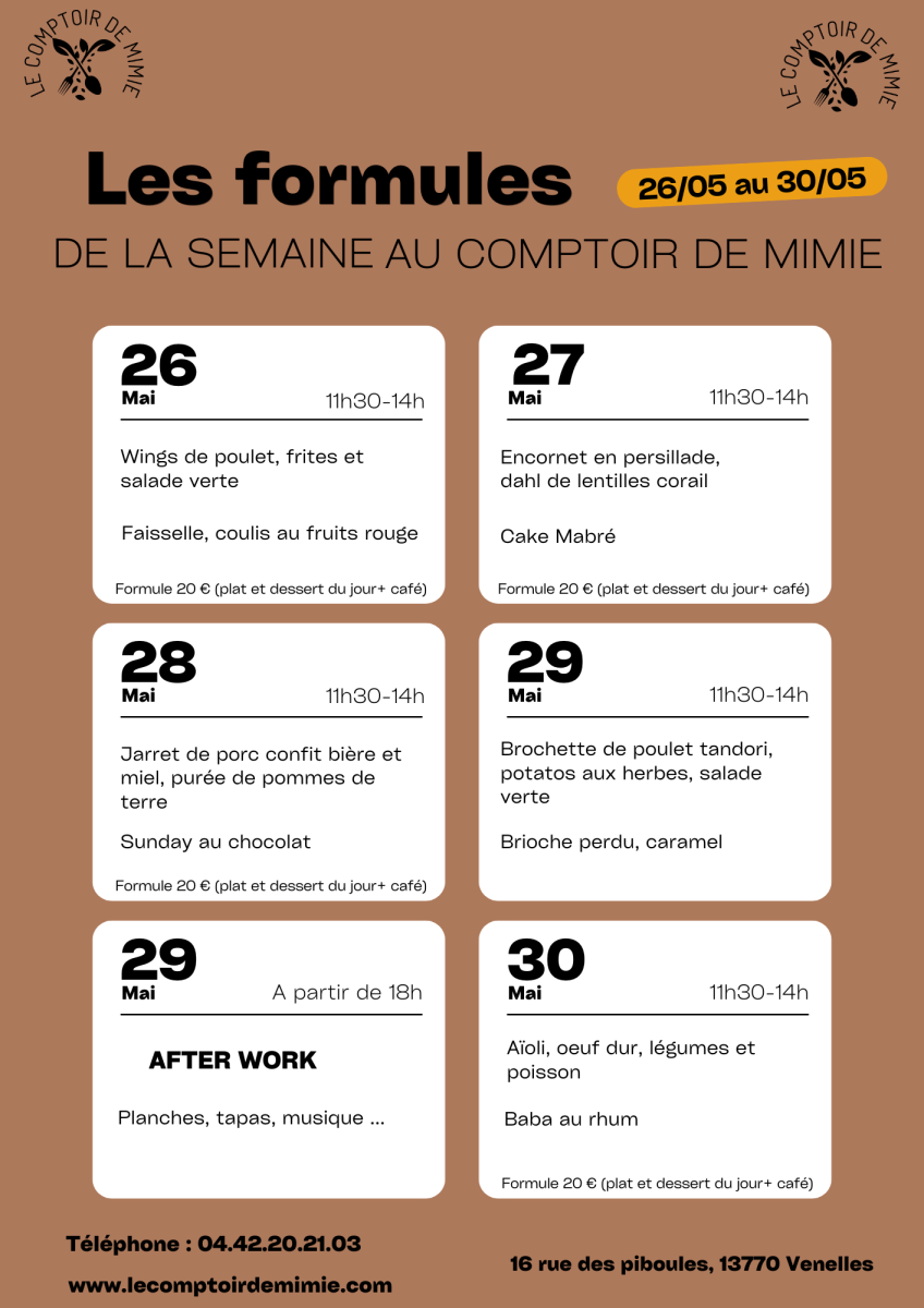 Les Formules du Midi au Comptoir de Mimie à Venelles
