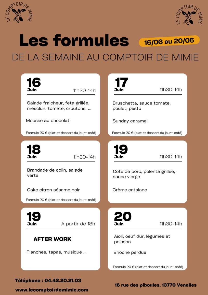 Les Formules du Midi au Comptoir de Mimie à Venelles