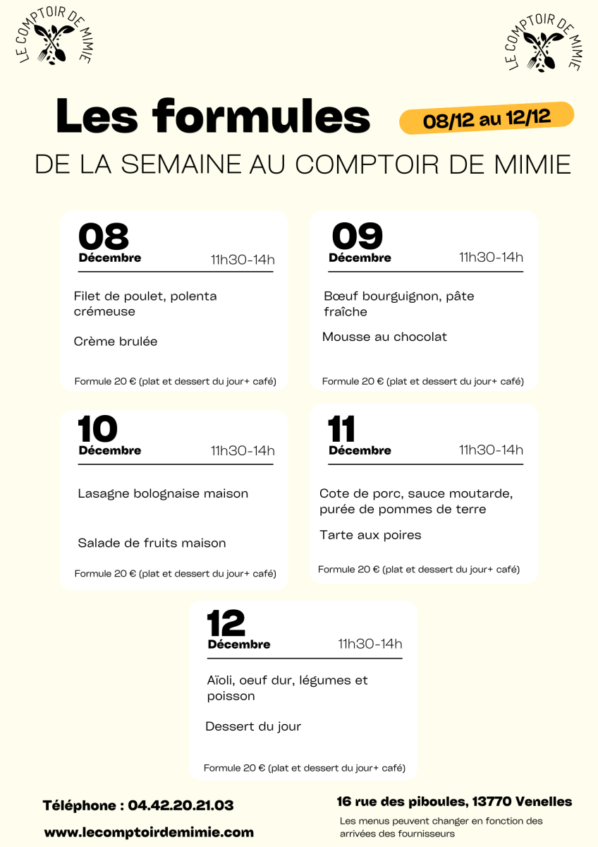 Les Formules du Midi au Comptoir de Mimie à Venelles