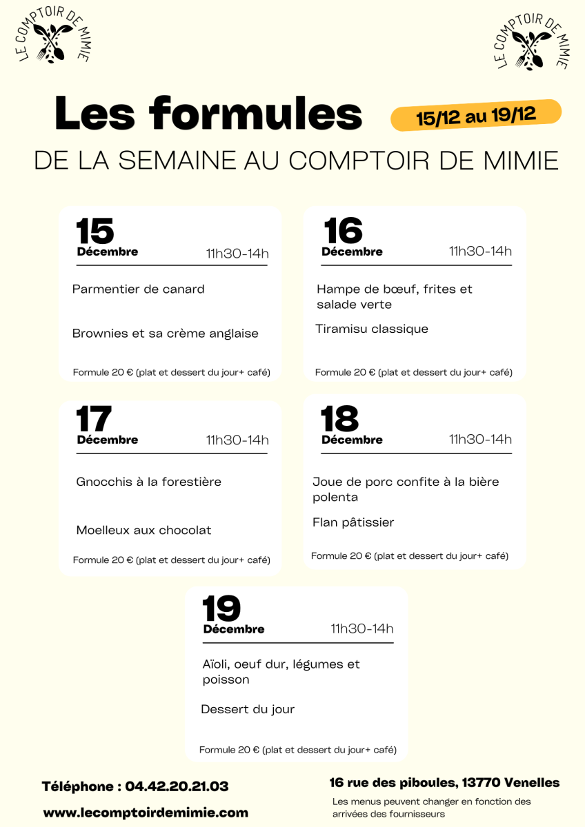 Les Formules du Midi au Comptoir de Mimie à Venelles