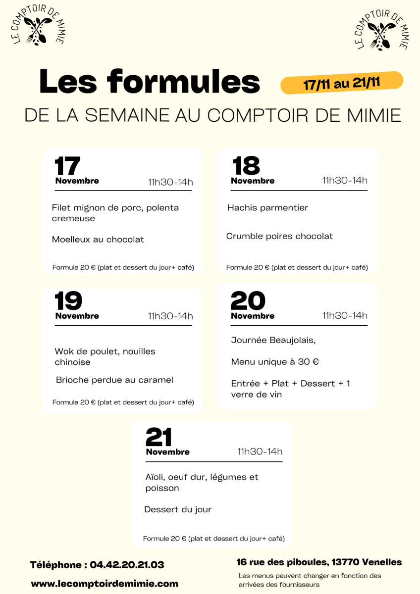 Les Formules du Midi au Comptoir de Mimie à Venelles