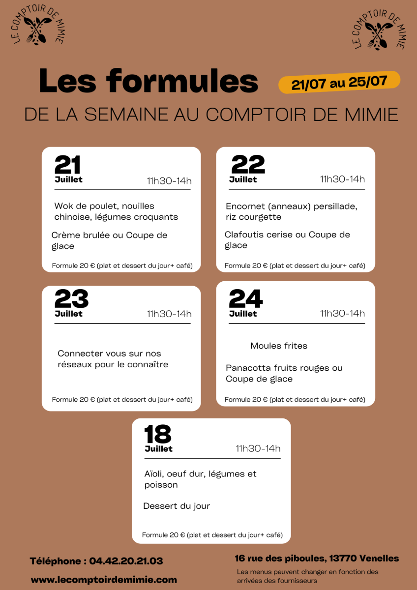 Les Formules du Midi au Comptoir de Mimie à Venelles
