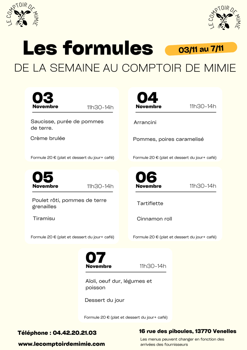 Les Formules du Midi au Comptoir de Mimie à Venelles