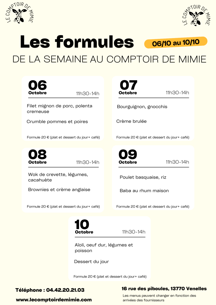 Les Formules du Midi au Comptoir de Mimie à Venelles