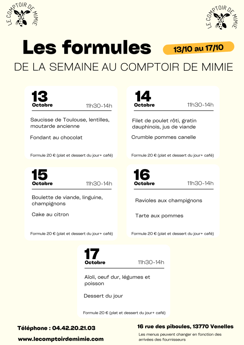 Les Formules du Midi au Comptoir de Mimie à Venelles