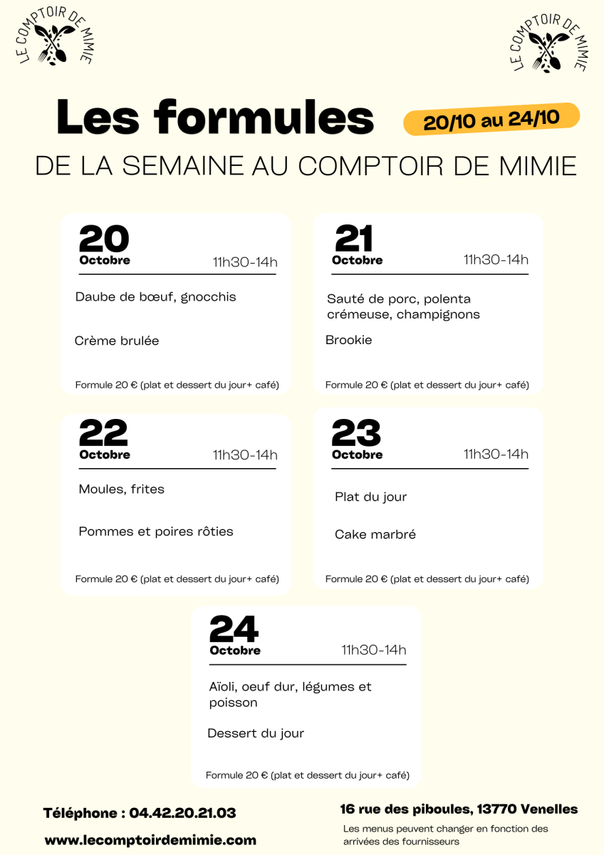 Les Formules du Midi au Comptoir de Mimie à Venelles