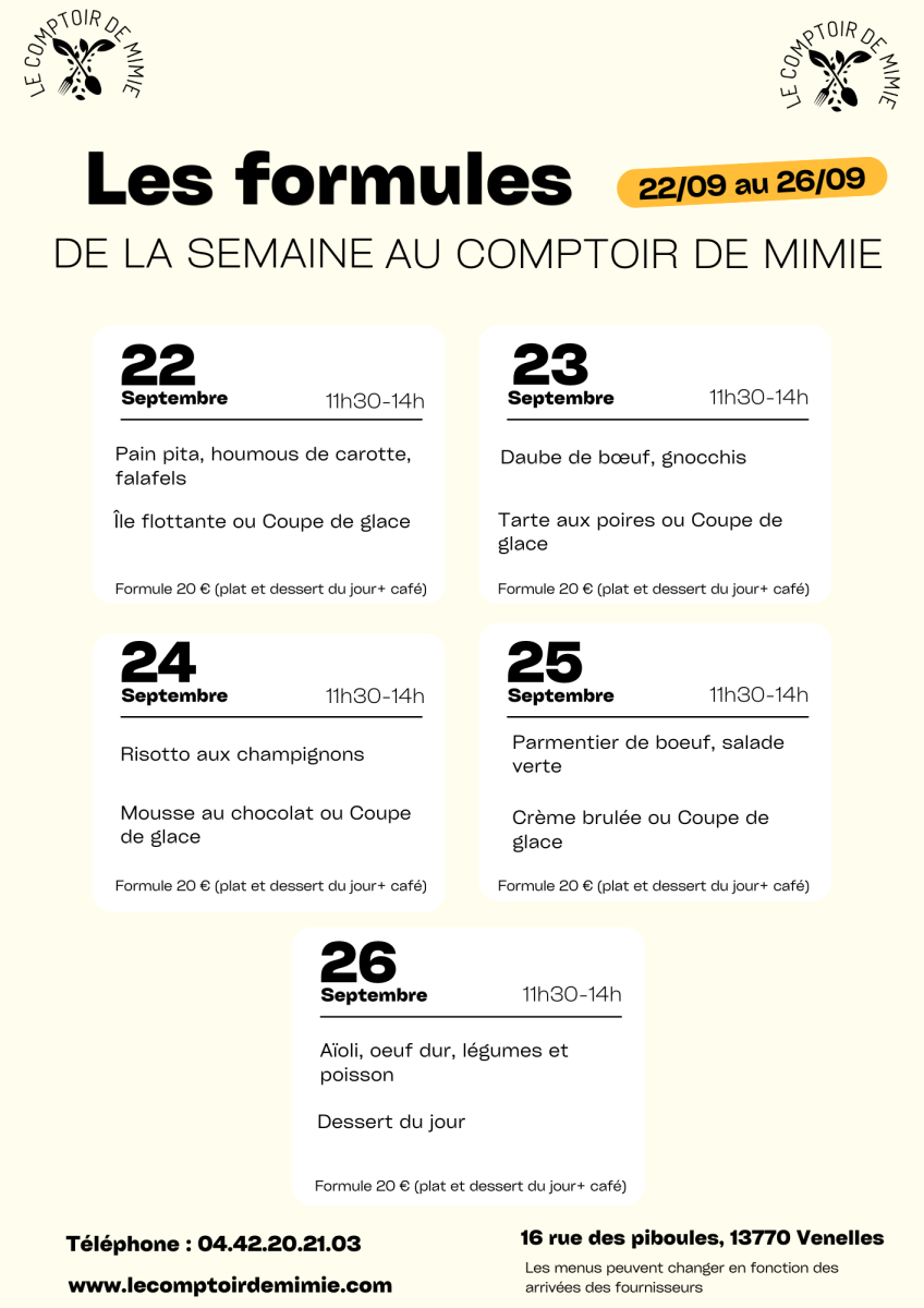 Les Formules du Midi au Comptoir de Mimie à Venelles