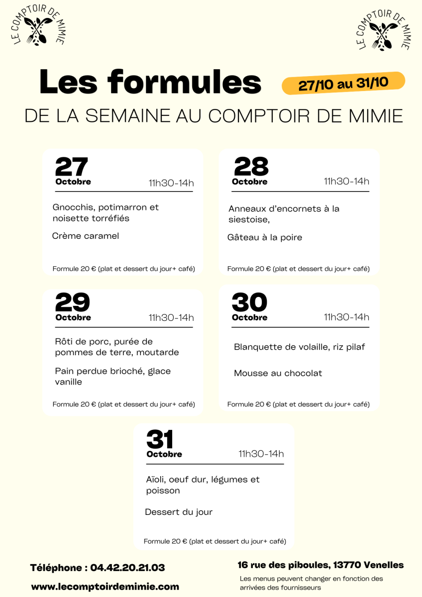 Les Formules du Midi au Comptoir de Mimie à Venelles