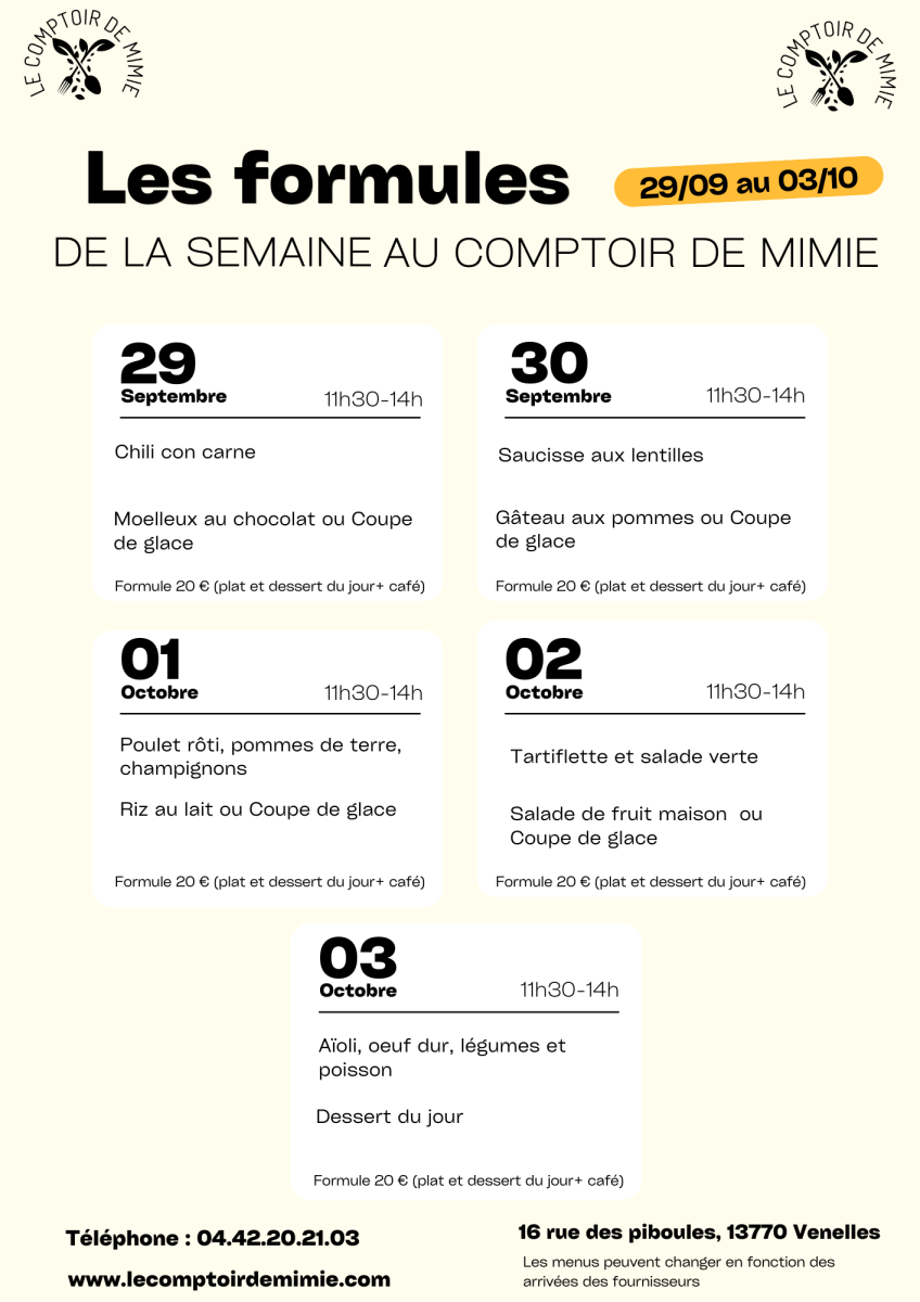 Les Formules du Midi au Comptoir de Mimie à Venelles