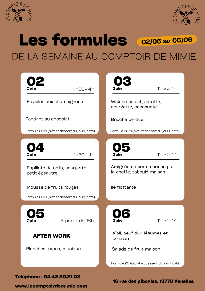 Les Formules du Midi au Comptoir de Mimie à Venelles