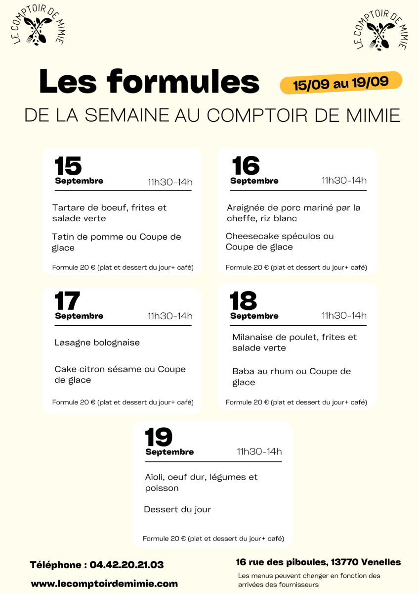 Les Formules du Midi au Comptoir de Mimie à Venelles