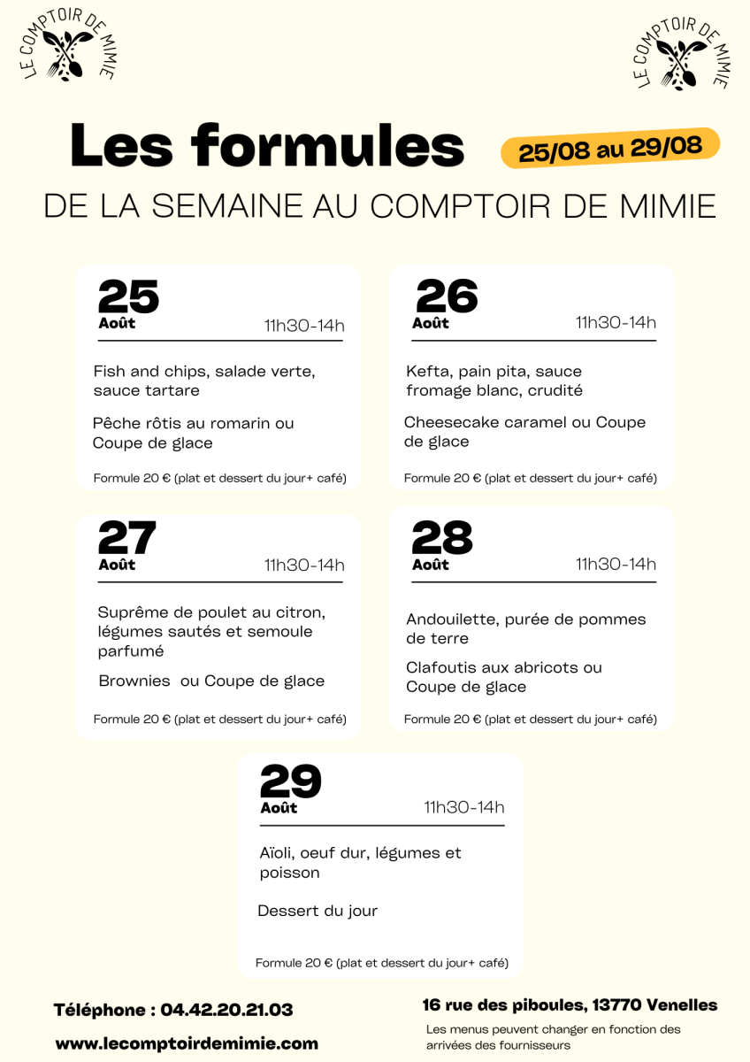 Carte du 25/08 au 29/08