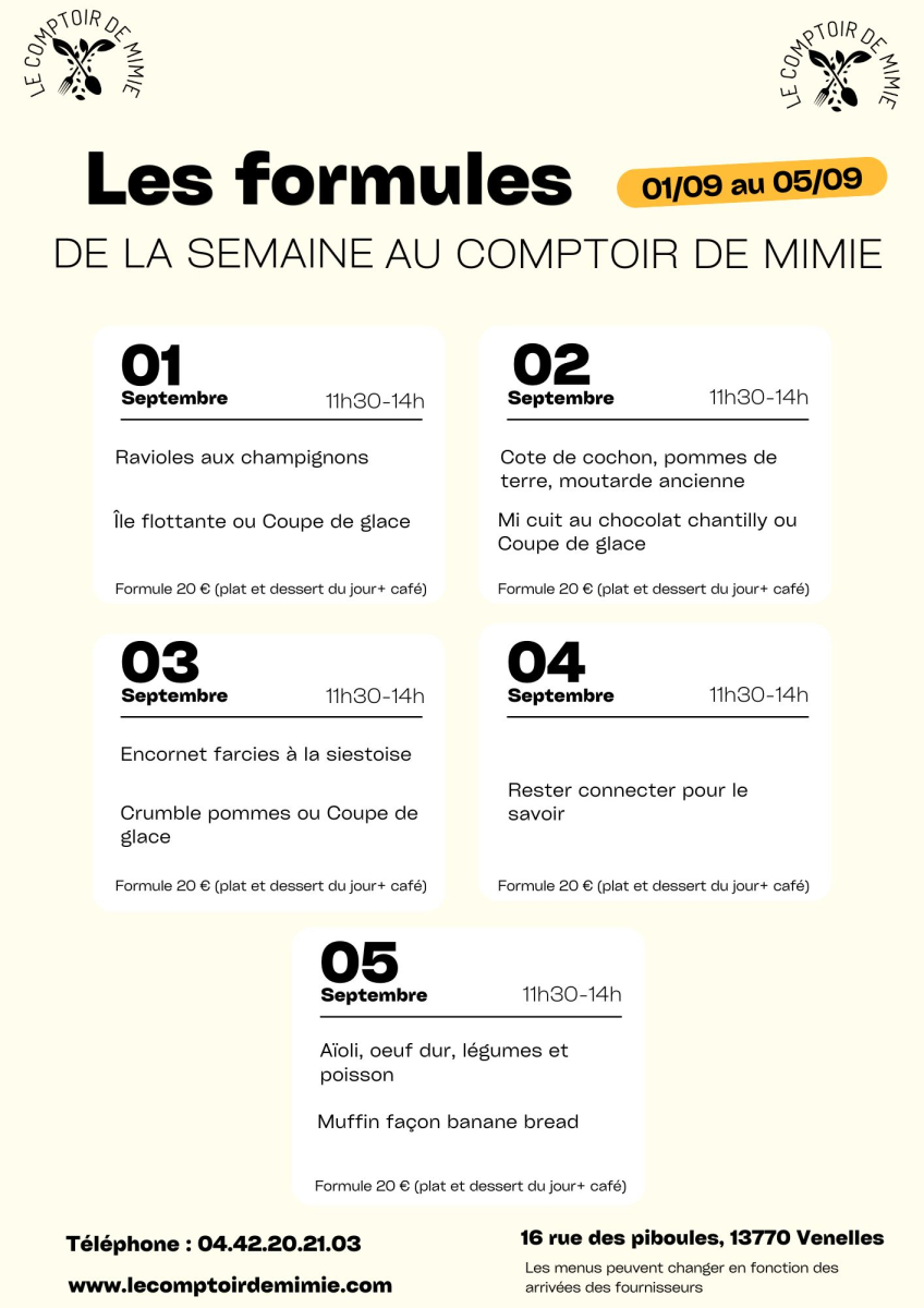 Les Formules du Midi au Comptoir de Mimie à Venelles