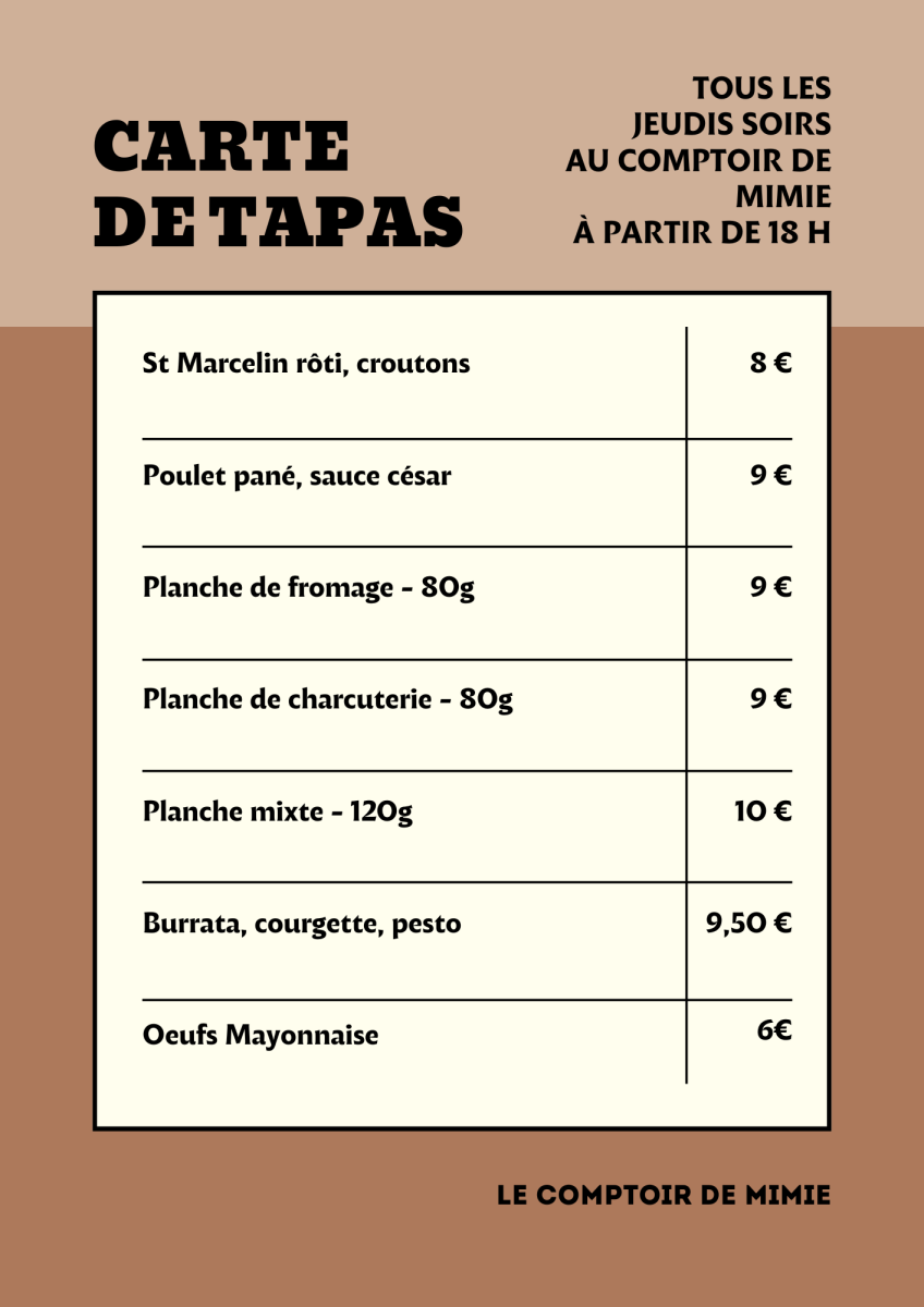 Carte tapas des afterwork chez Mimie